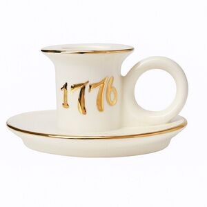 Vintage white ceramic candle stick gold trimmed 1776 America USA July 4